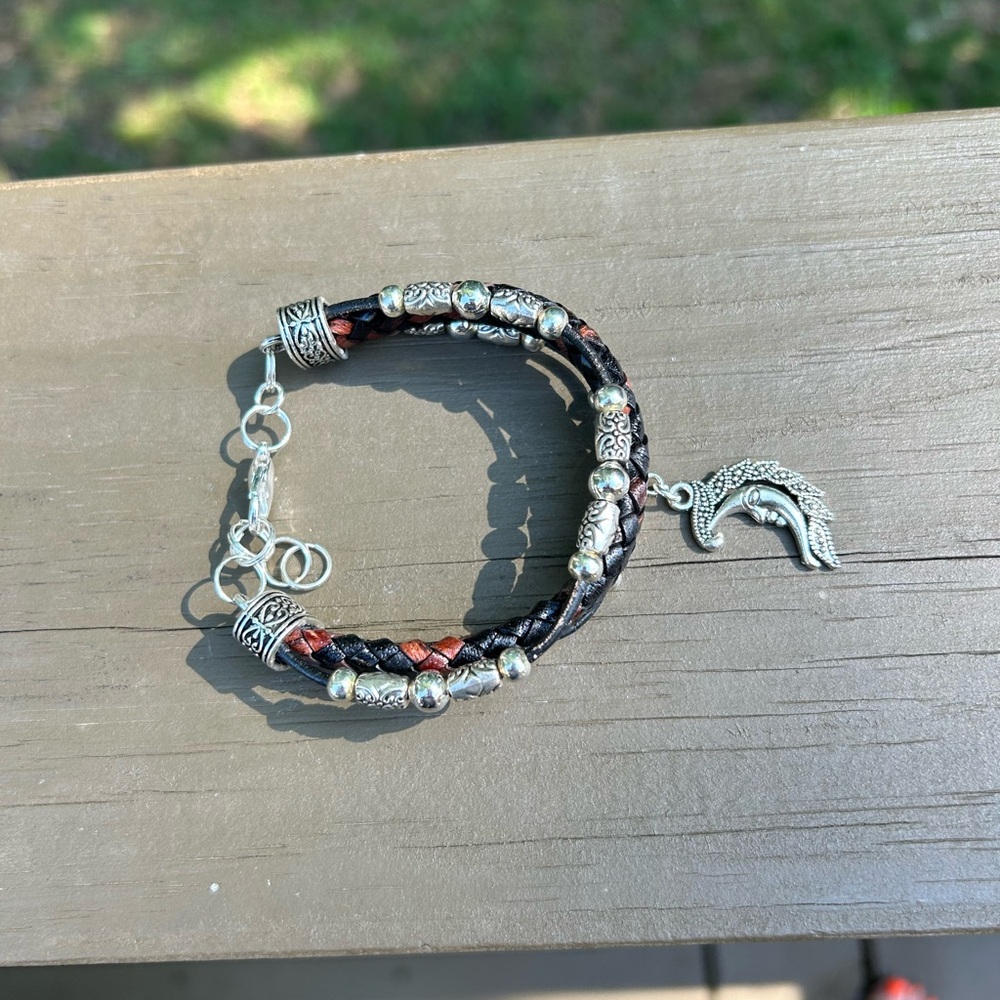 Bracelet hand crafted  braided leather & silver bracelet w/ moon charm - Picture 2 of 5